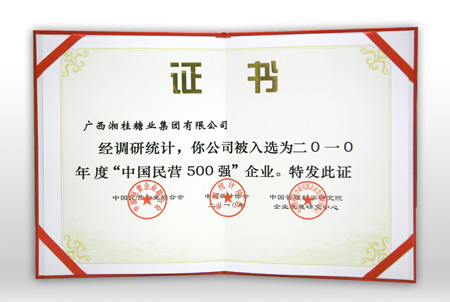 中國民營企業(yè)500強(qiáng)證書